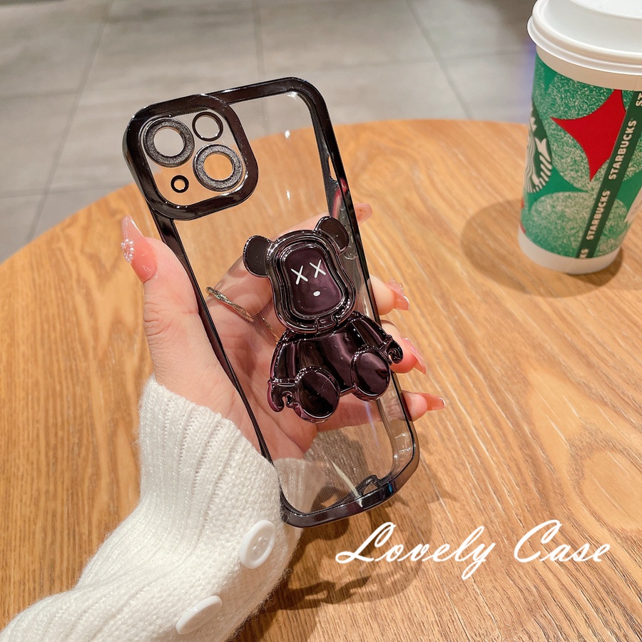 Ốp Điện Thoại Mềm Trong Suốt Có Giá Đỡ Mạ Điện Hình Gấu Cho IPhone 14 13 12 11 Pro Max X Xs 8 7 Plus SE