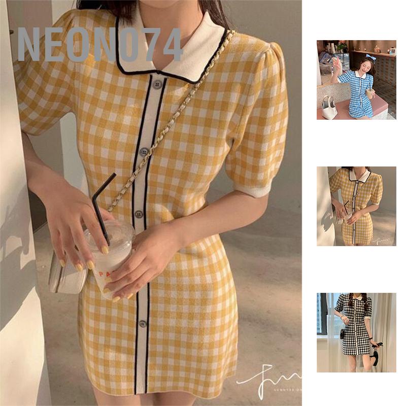 Đầm dệt kim tay ngắn cổ sơ mi xinh xắn theo phong cách retro dành cho nữ Mùa Hè - Dáng Ôm Thanh Lịch Cổ Gập Nút Bông Kẻ Đan Cho Công Sở - Neon074
