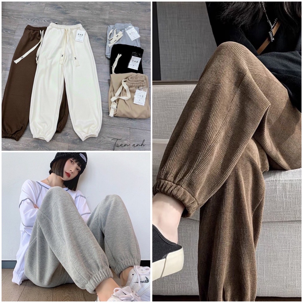 Quần Jogger nữ nhung tăm bo gấu cạp chun lưng cao kèm dây rút Ulzzang