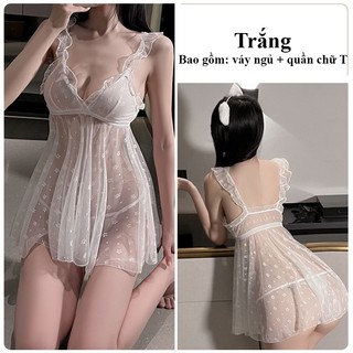 Bộ váy ngủ xuyên thấu họa tiết hoa thêu cùng màu có kèm cả theo quần DNTQ18