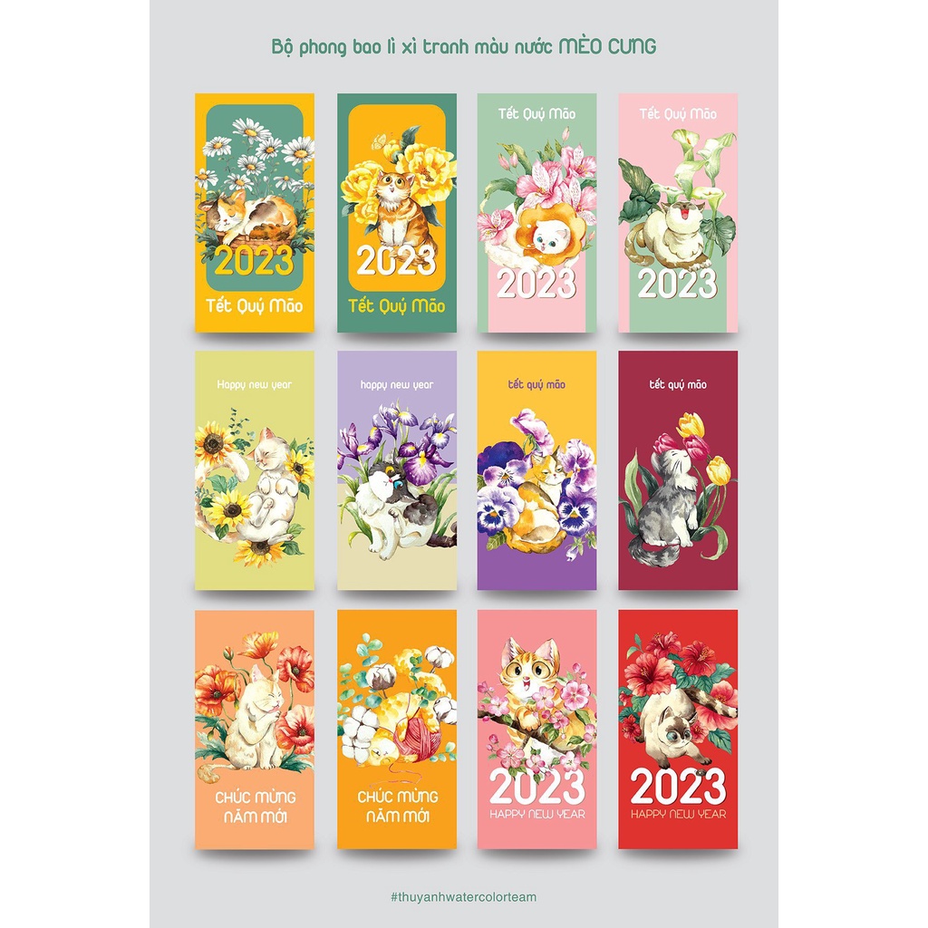 LÌ XÌ MÀU NƯỚC - MÈO CƯNG - bộ 12 chiếc