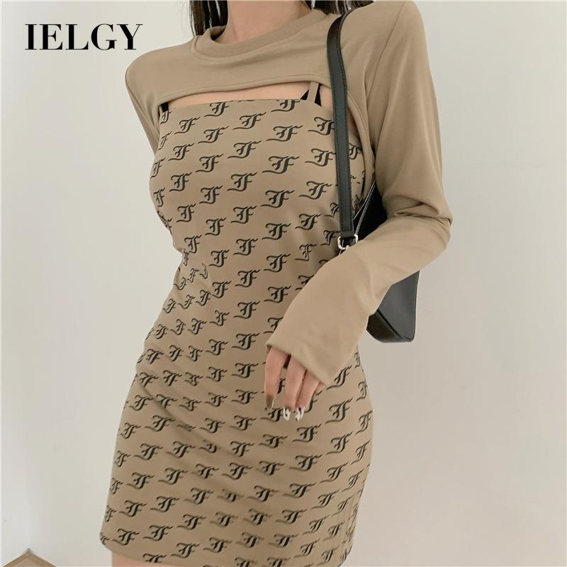 IELGY Bộ Áo Thun Dài Tay In Họa Tiết + Đầm Không Tay Xinh Xắn Dành Cho Nữ