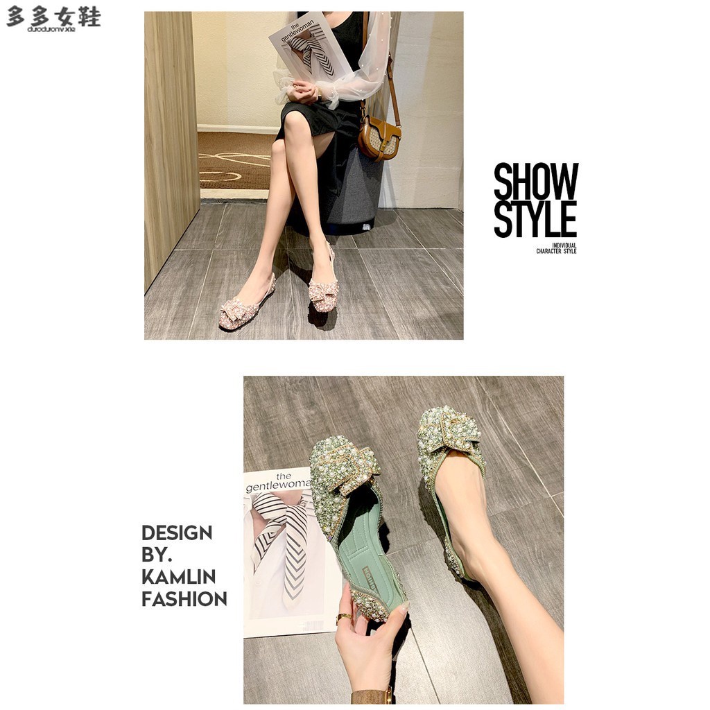☈✼Xiaoxiang Giày Lười Đế Mềm Mũi Vuông Đính Ngọc Trai Giả Đính Đá Thời Trang Công Sở Cho Nữ