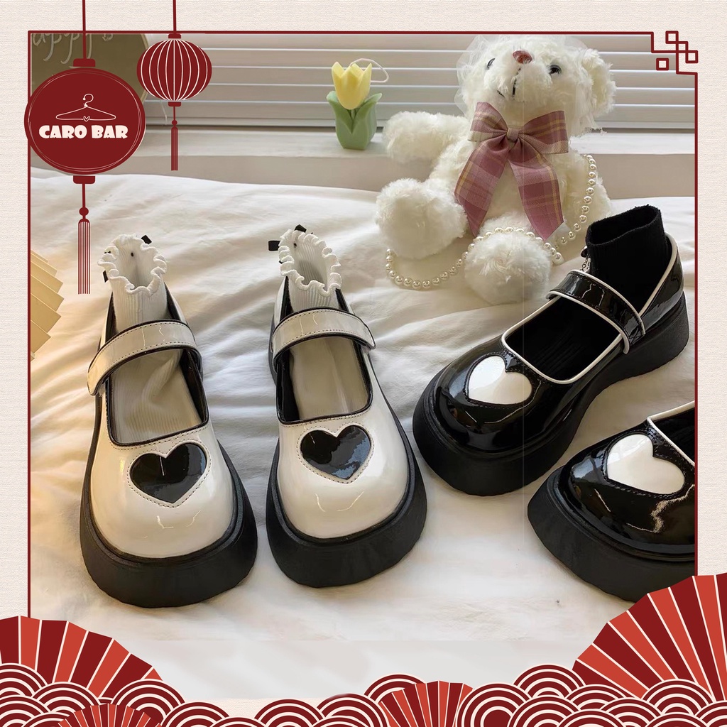 Shop CÓ SẴN đủ sz 2 màu 35-39_Kèm video Giày oxford Mary Jane tone đen trắng hoạ tiết trái tim