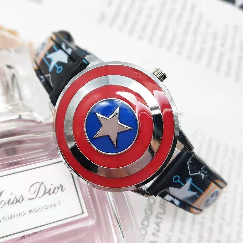 Đồng Hồ Đeo Tay Marvel Avengers Hoạt Hình Đội Trưởng Mỹ Dạ Quang Dây Da Dành Cho Trẻ