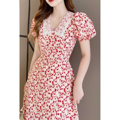 (Miễn Phí Ship) Đầm hoa nhí dáng xòe xẻ tà trước,đầm nữ tay phồng cổ phối lưới xinh xĩu,chất lụa mềm mát