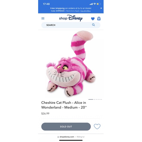 Gấu Bông Mèo Cheshire NEW Chính Hãng Disney Alice in Wonderland lông mềm mịn 35cm cat cười nhe răng vằn hồng chesire thú