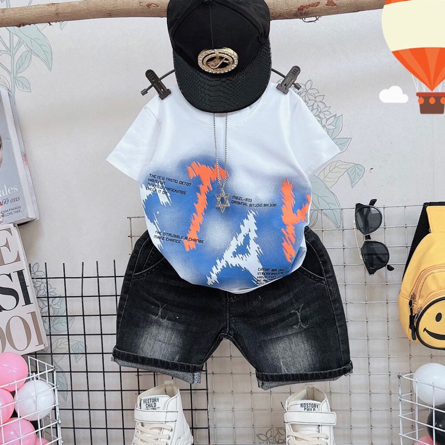 Đồ bộ bé trai, bộ jean loang chữ Stay sành điệu cho bé trai từ 10 đến 55 kg