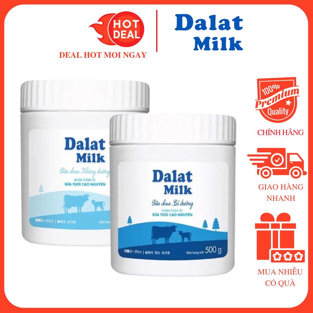 Sữa Chua Dalat Milk Vị Tự Nhiên Không Đường Có Đường Hộp 500G Date Mới