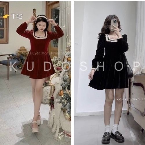 Váy nhung tiểu thư cổ vuông ren dáng ngắn KUDOSHOP Đầm dự tiệc tay dài phong cách Hàn Quốc trẻ trung
