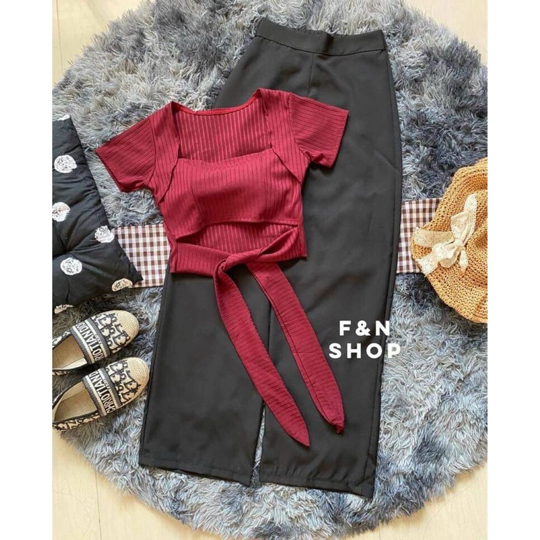 (Sale FreeShip) Sét bộ áo croptop cột nơ mix quần ống rộng,sét nữ phong cách trẻ trung cá tính diện siêu hack dáng