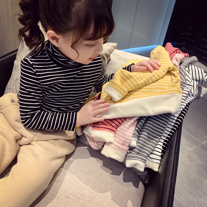 Áo Thun Tay Dài Cổ Lọ Họa Tiết Kẻ Sọc Thời Trang Cho Bé Gái Từ 2-8 Tuổi