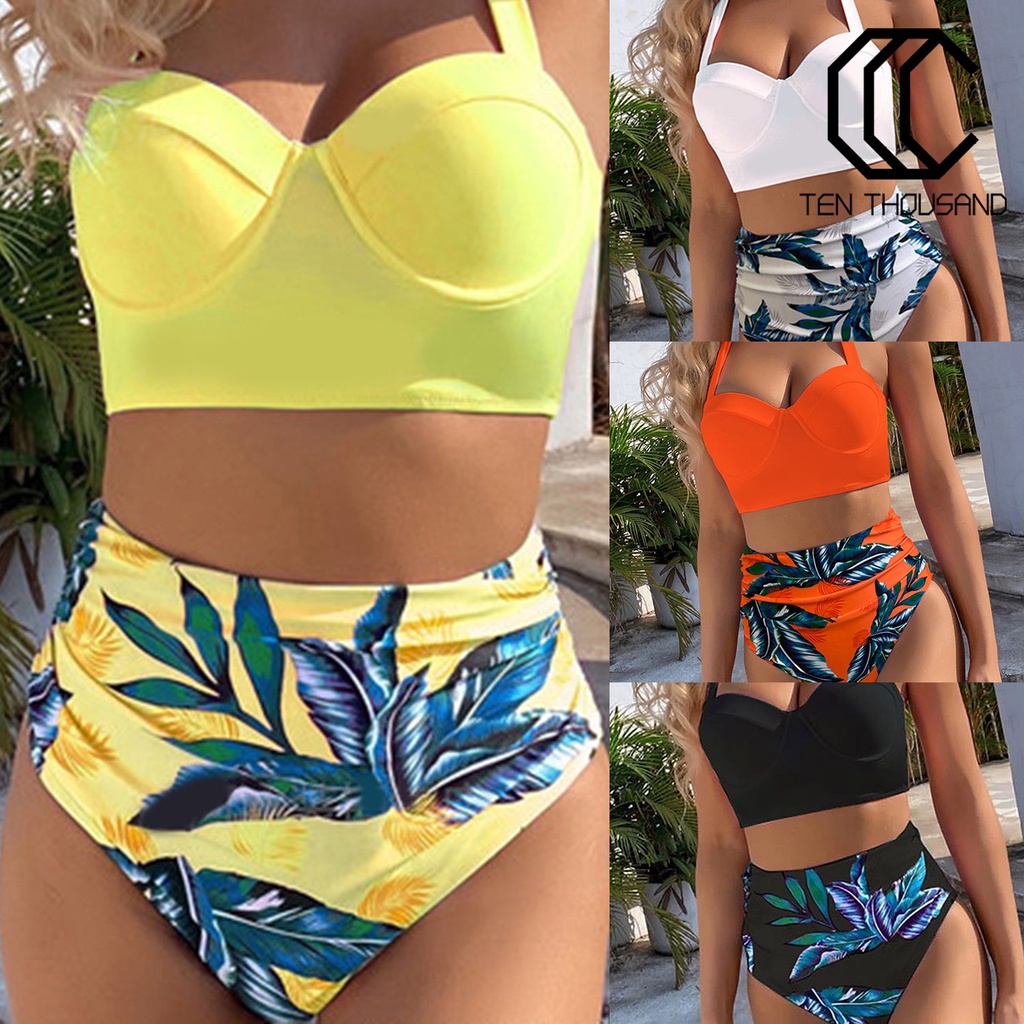 ❦Bộ Bikini Hai Mảnh Họa Tiết Lá Cây Lưng Cao Có Đệm Ngực Cho Nữ