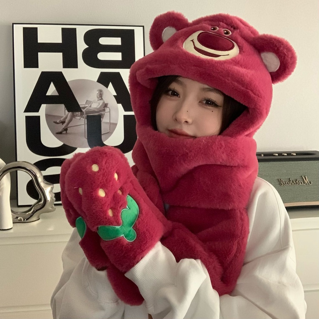 Dâu tây gấu mùa đông mũ khăn quàng cổ găng tay