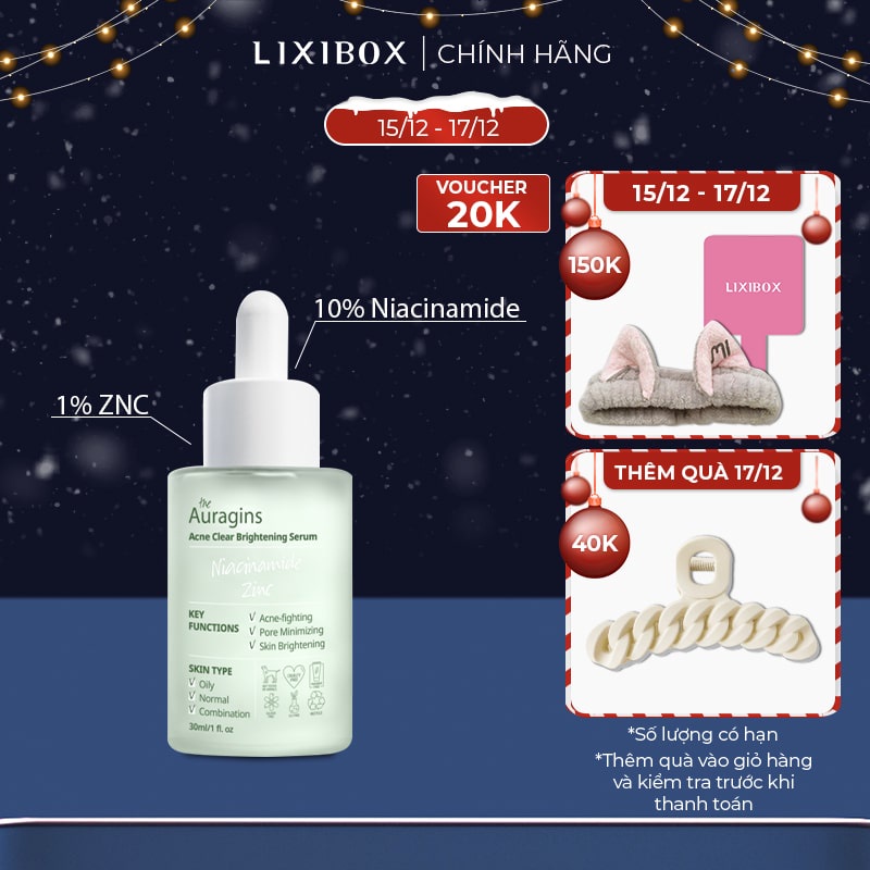 Tinh Chất Giảm Thâm The Auragins 10% Niacinamide + 1% Zinc Acne Clear Serum 30ml