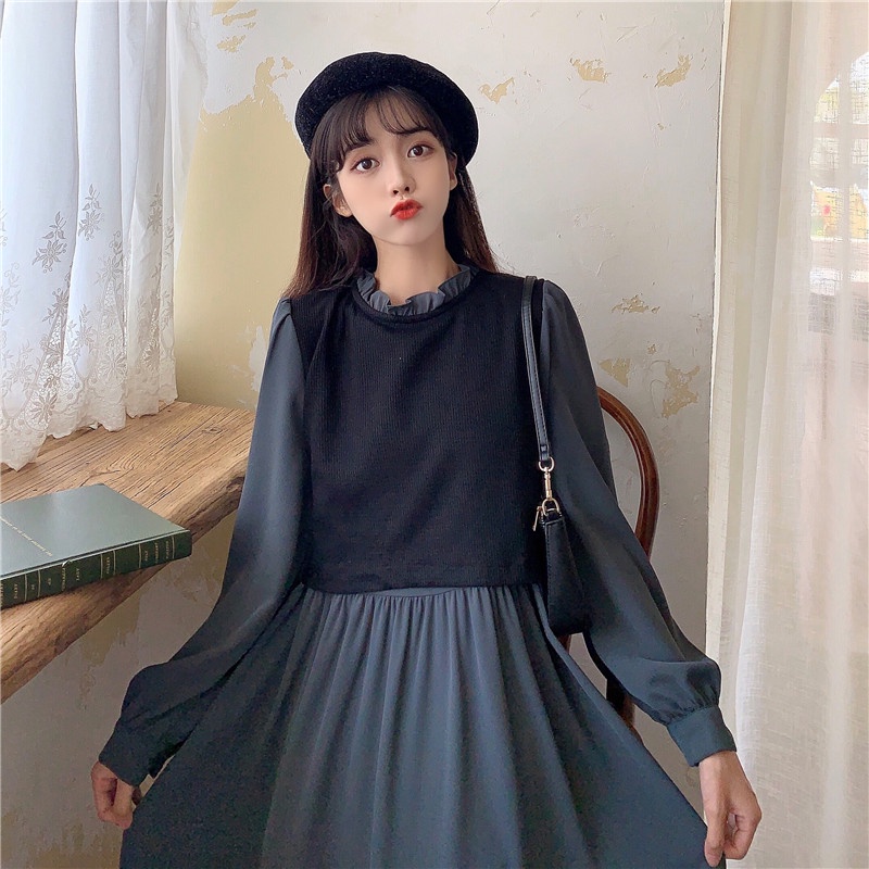 Đầm Tay Dài Phối Màu Sắc Tương Phản Phong Cách Hàn Quốc Cổ Điển Thời Trang Mùa Thu Cho Nữ