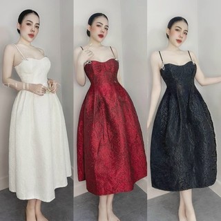 Đầm gấm trắng đỏ đen 2 dây kèm tag nơ đá, váy dài xoè nhẹ thời trang tiểu thư sang trọng quý phái đi chơi dự tiệc cưới