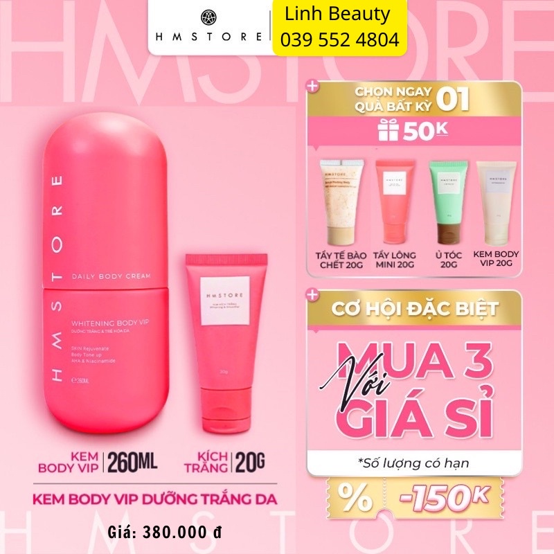 BODY VIP HM STORE MẪU BAO BÌ MỚI 260ML TẶNG KÈM KÍCH TRẮNG 20G