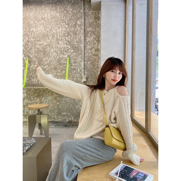 ZHELIHANGFEI Áo Sweater Dài Tay Trễ Vai Xinh Xắn Theo Phong Cách Pháp