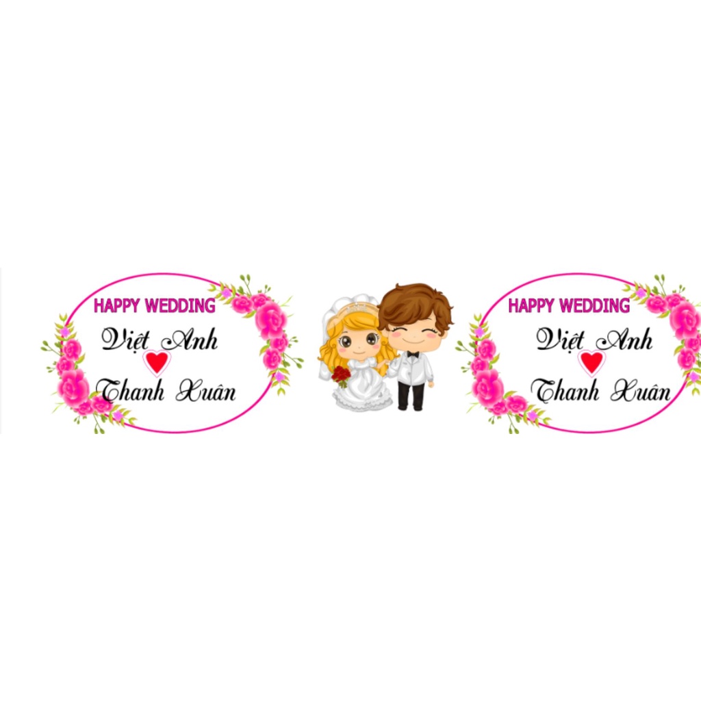 Tem dán chai nước suối đám cưới dạng decan bóc ra dán.