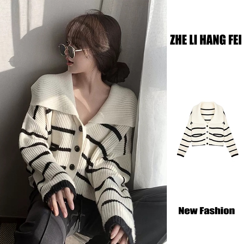 Áo khoác cardigan ZHELIHANGFEI len tay dài dáng rộng họa tiết kẻ sọc thời trang thanh lịch dành cho nữ