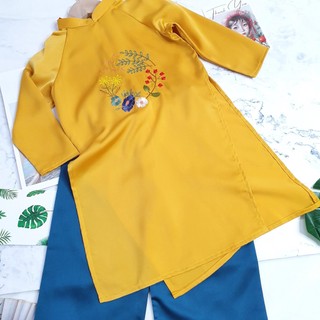 Áo Dài Mẹ Bé Lụa Mát Lịm Thêu Hoa Điệp Phi Vàng