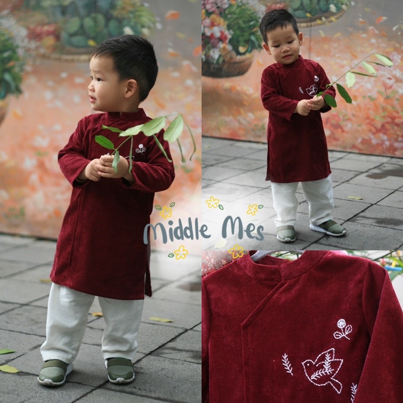 Set áo dài nhung tăm thêu tay bé trai (có sẵn 9 tháng - 4 tuổi)