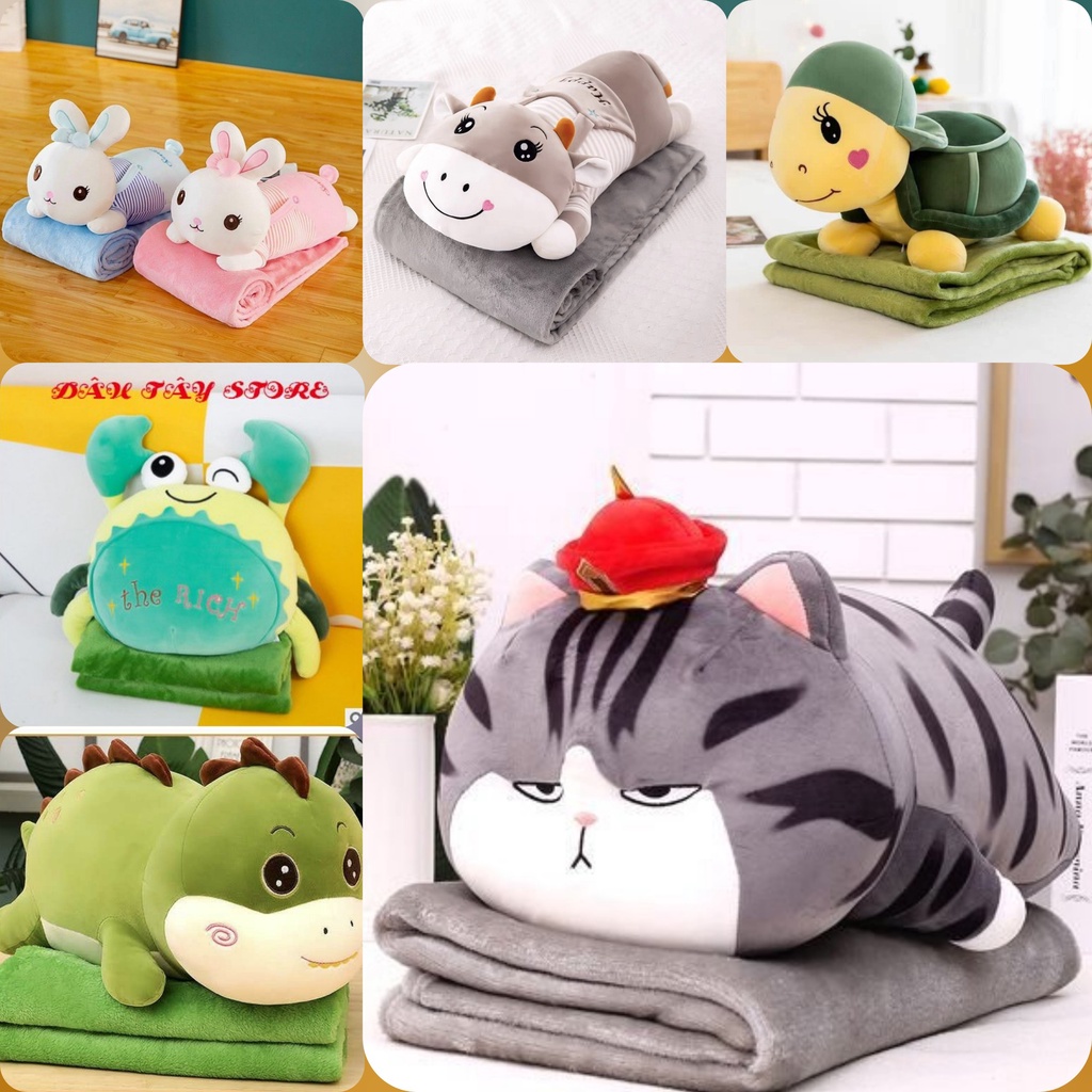 Chăn văn phòng 2in1, chăn gối 2 trong 1, gấu kèm chăn Mèo DUDU Hoàng Thượng,Lotso Hồng, Khủng Long Heo