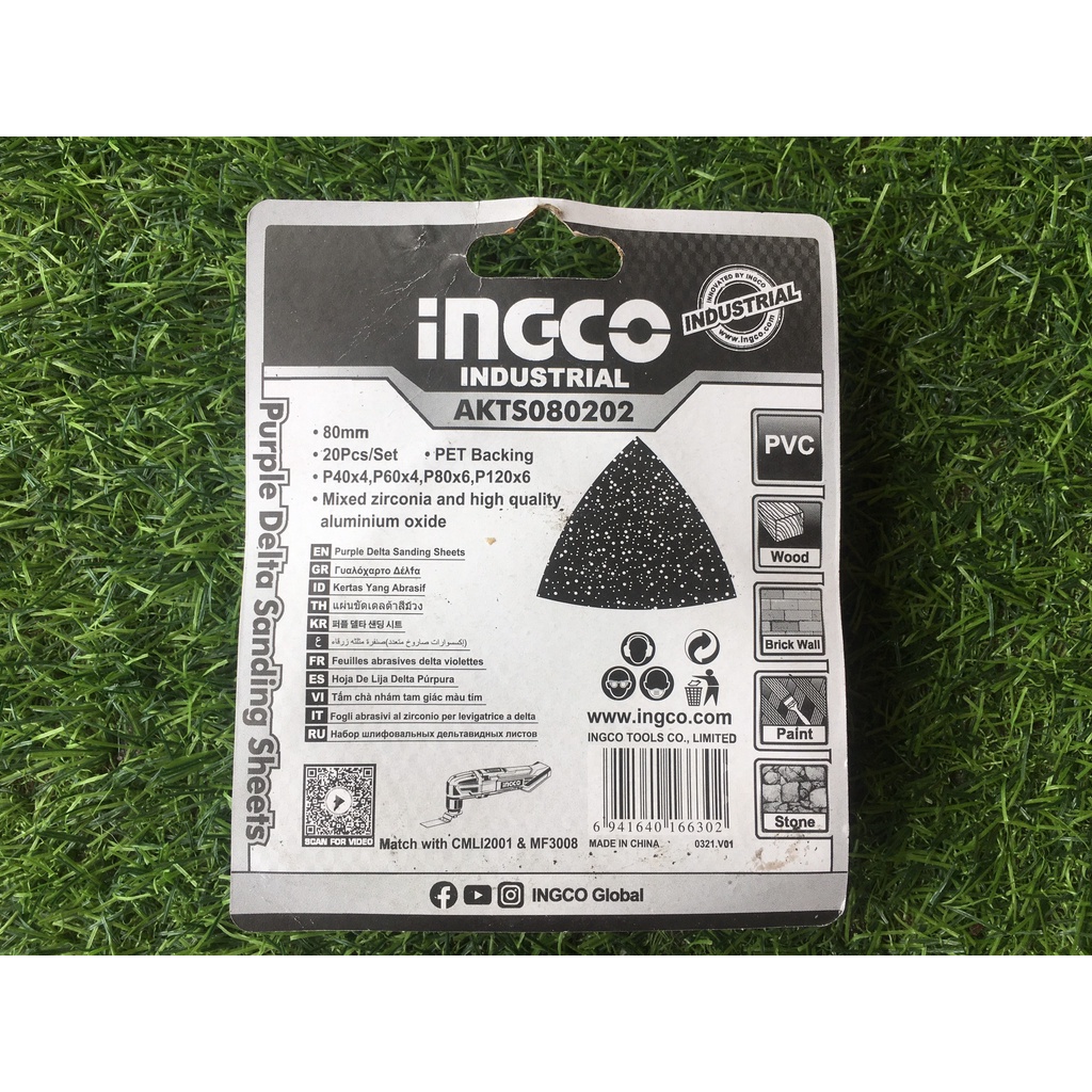 Bộ 20 miếng giấy nhám tam giác cao cấp Ingco AKTS080202 độ nhám đi kèm P40x4, P60x4, P80x6, P120x6