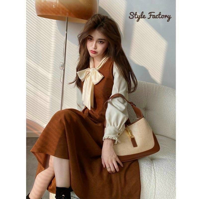 Đầm váy nữ form dáng dài với tone màu nâu tôn da phối kèm nơ siêu xinh dành cho các nàng diện đi chơi, dạo phố
