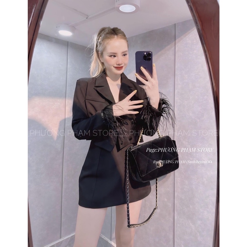 set vets dáng croptop tay phối lông