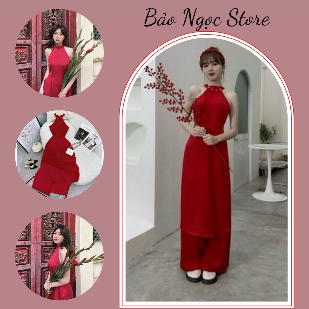 Áo Dài Đỏ Nữ, Set Áo Dài Cách Tân Cổ Yếm Đính Hạt Kèm Quần Suông Lưng Thun Sau Form Dáng Chuẩn Nhiều Size Mặc Tết Siêu X