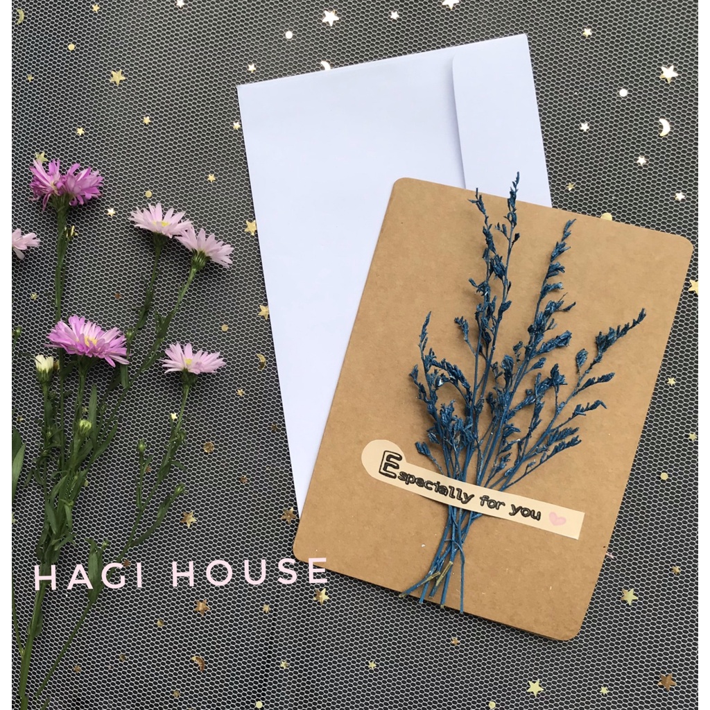 Thiệp hoa khô handmade có kèm bao thư, quà tặng nhỏ xinh, thiệp A6