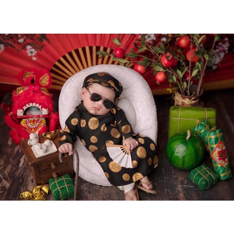 Áo dài cho bé trai vải lụa Thái Tuấn kèm mấn