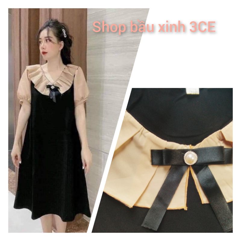 (Có hàng bigsize)Váy bầu thiết kế dáng công sở phối voan cổ kèm nơ xinh xắn