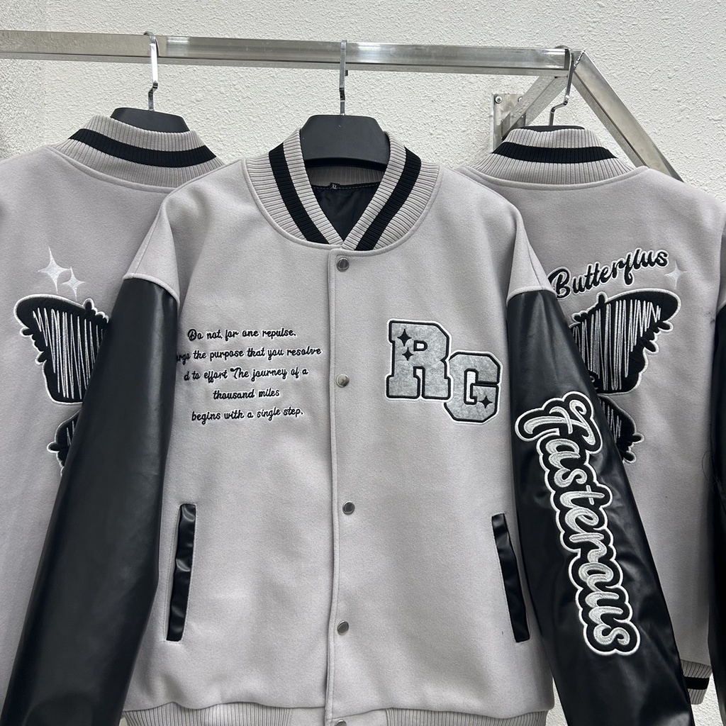 Áo khoác Bomber Varsity Butterfly chất dạ 2 lớp phối tay da Pu cao cấp - Yoshop
