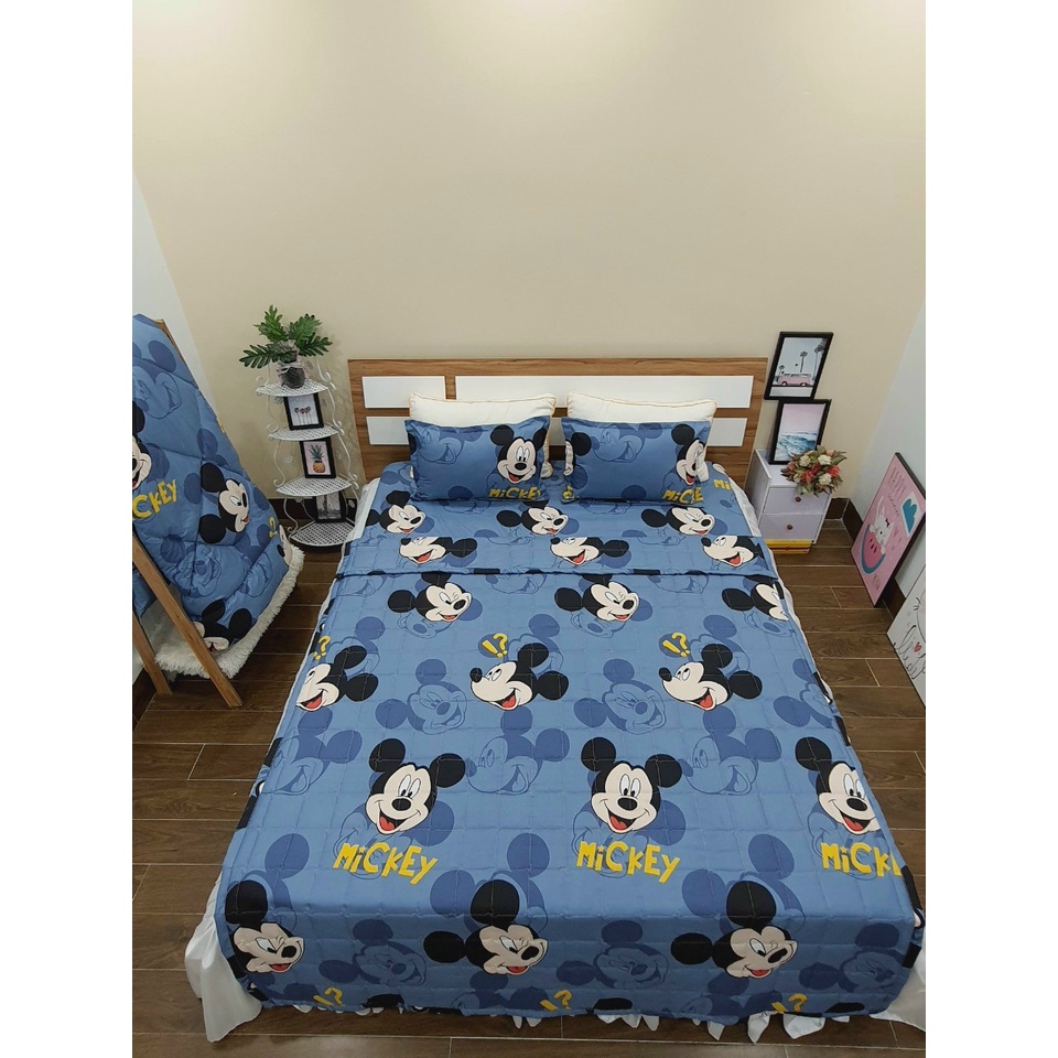 Bộ ga gối cotton poly ga trải giường kèm 2 áo gối mẫu mickey xanh - changagoithanhtu