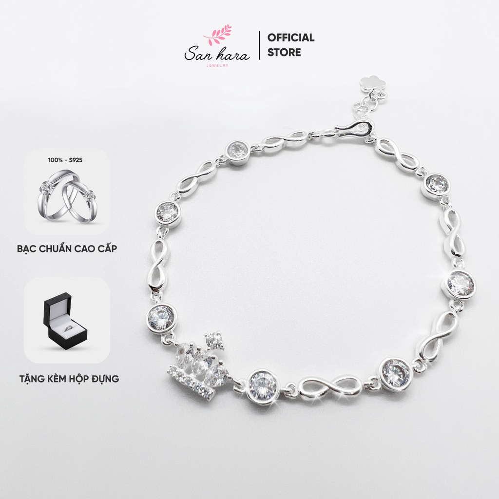 Vòng tay bạc nữ San Hara, Lắc tay bạc nữ hình Vương miện đính đá lấp lánh cao cấp, sang trọng Crow LTS009