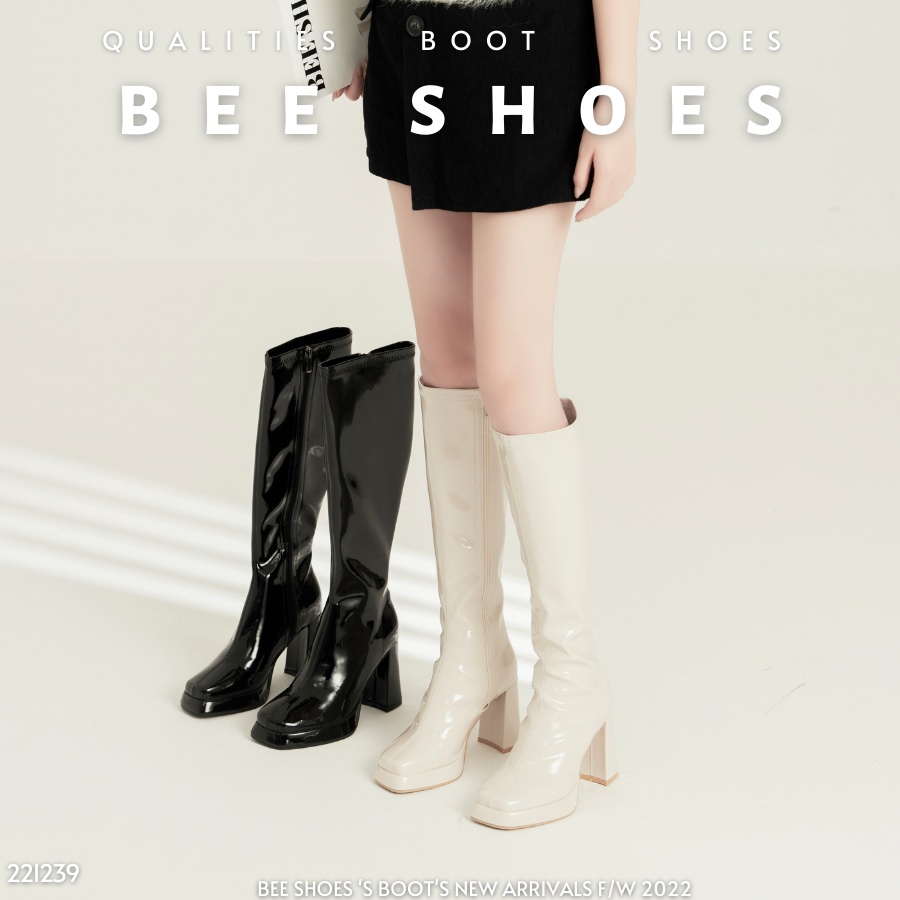 BEESHOES - BOOT NỮ DÀI DA BÓNG MŨI VUÔNG - BOOT NỮ GÓT TRỤ CAO 8 PHÂN CÓ SẴN MÀU ĐEN - KEM 221239