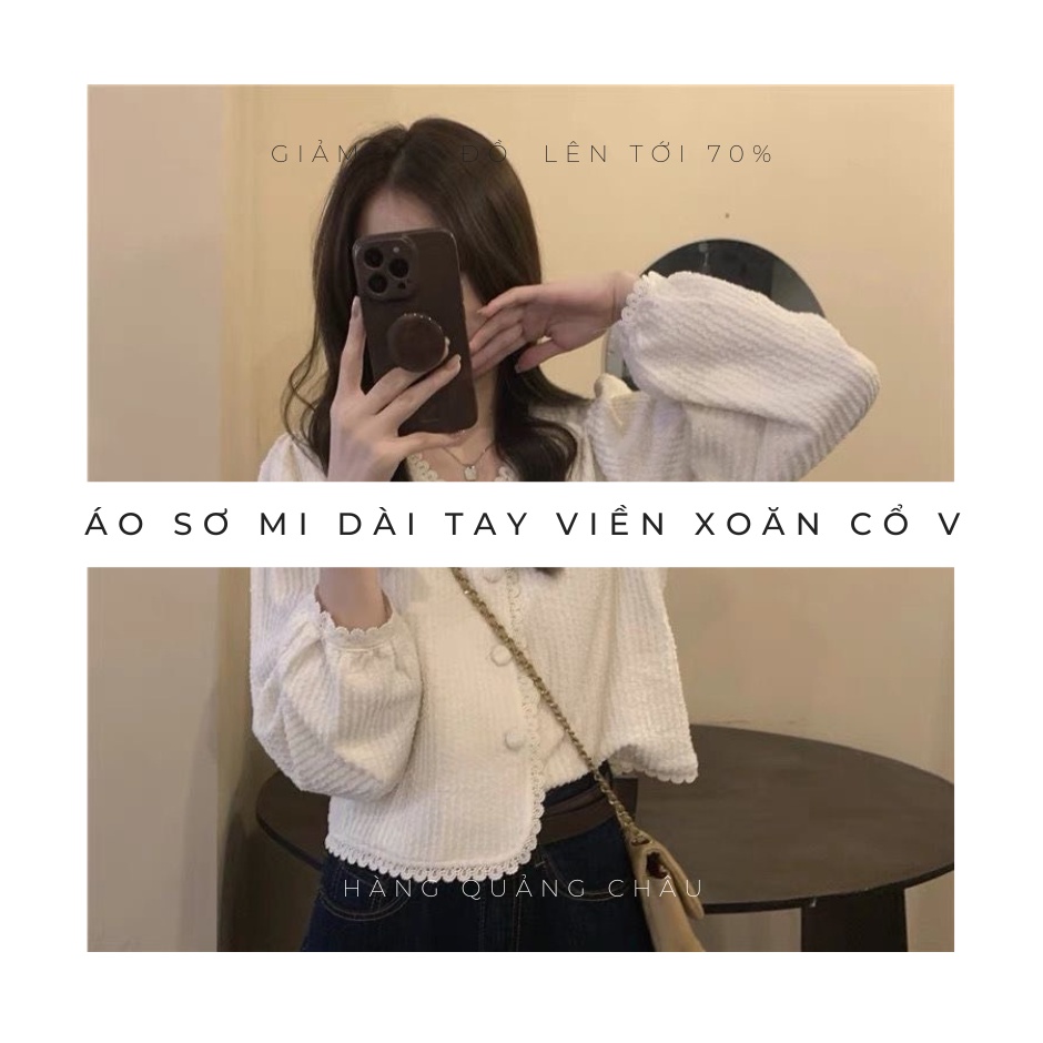 Áo sơ mi dài tay viền xoăn cổ V đính nút vintage cực xinh