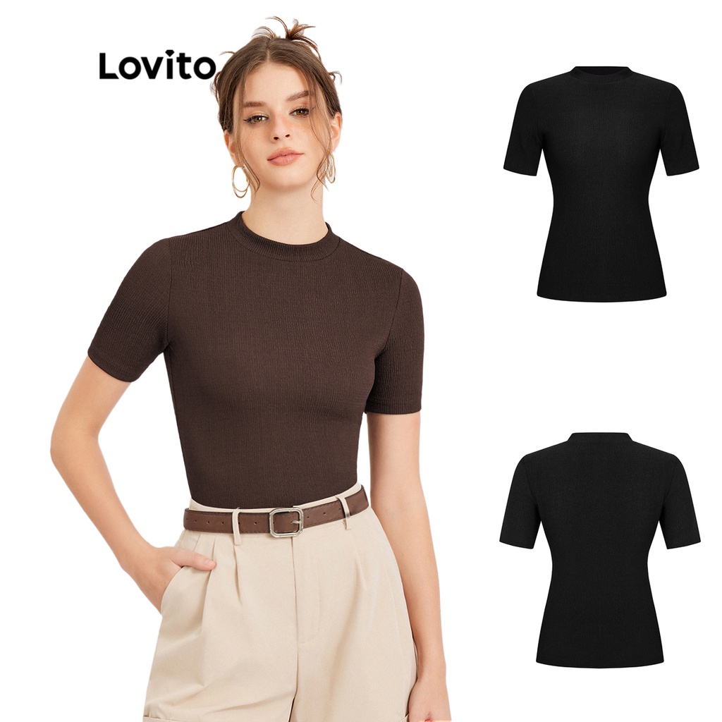 Áo thun Lovito kết cấu màu trơn cổ trụ dạng ngắn độ co giãn cao phong cách thường ngày L30ED021 (màu nâu)