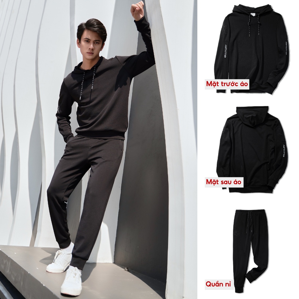 Bộ Nỉ Hoodie Nam Thể Thao 6ANMT002DEN + 6QNIT002DEN Biluxury Phối Họa Tiết Thêu Hai Bên Phom Slim fit Ôm Vừa