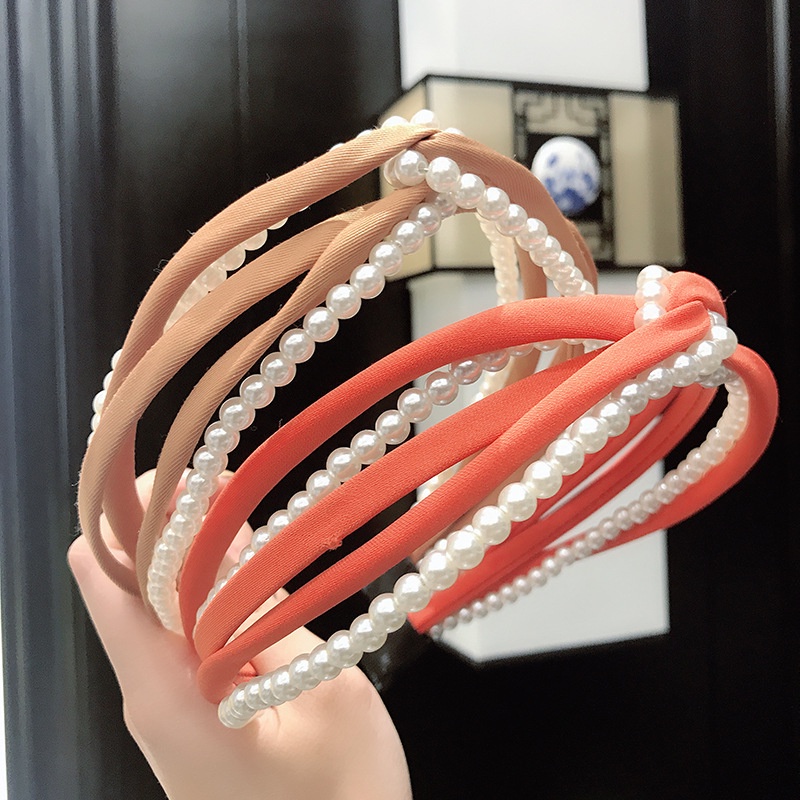 Băng Đô Cài Tóc Rửa Mặt Bằng Vải Bản Rộng Đính Ngọc Trai Khoét Rỗng Cao Cấp Phiên Bản Hàn Quốc Cho Nữ