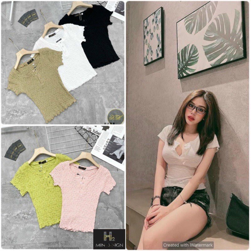 Áo Cổ Nút Tay Ngắn Xốp Nhún Trơn