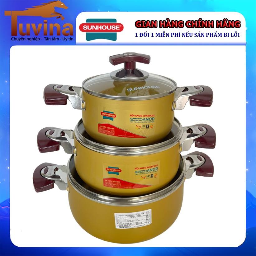 Bộ 3 nồi Sunhouse nhôm ANOD SH8834 (size 18,22,26cm)/ SH6634 (size 16,20,24cm)