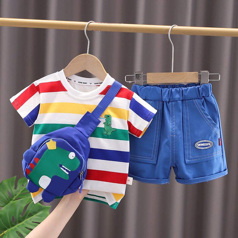 Bộ Áo Thun Cổ Tròn In Hình Khủng Long Hoạt Hình + Quần Ngắn + Túi Thời Trang Mùa Hè Cho Bé Trai Và Gái