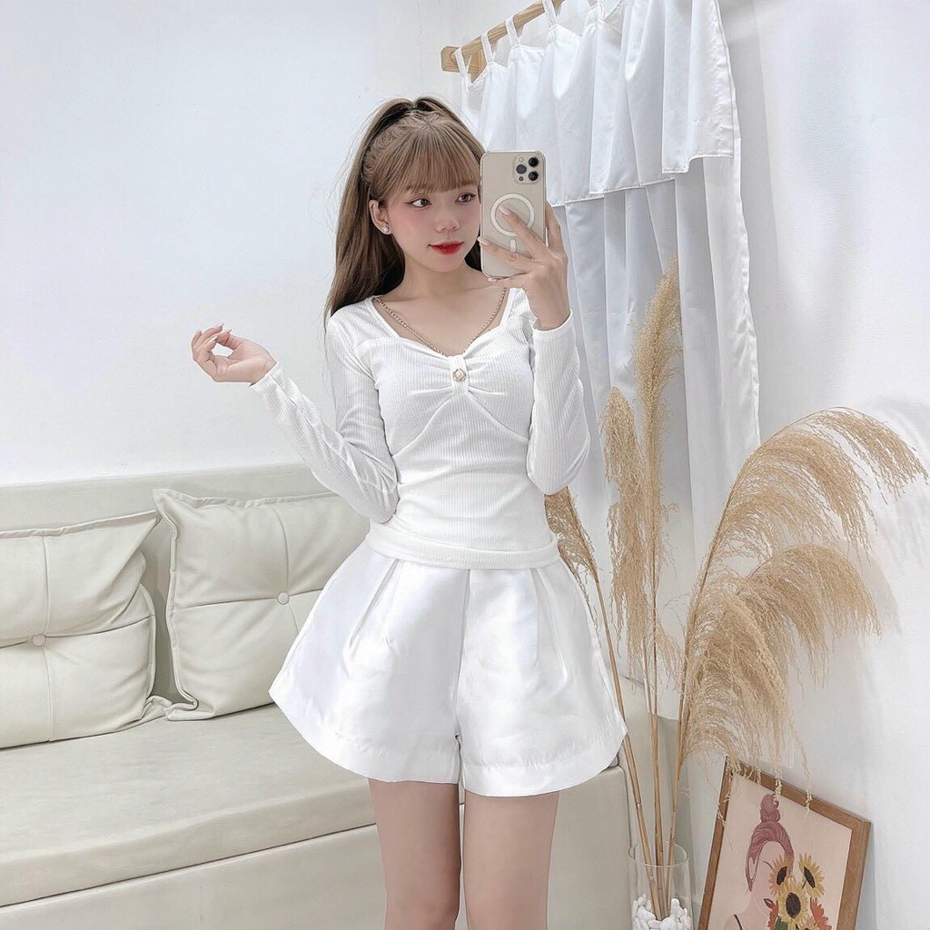 Áo Kiểu Nhún Ngực Dây Xích Tay Dài