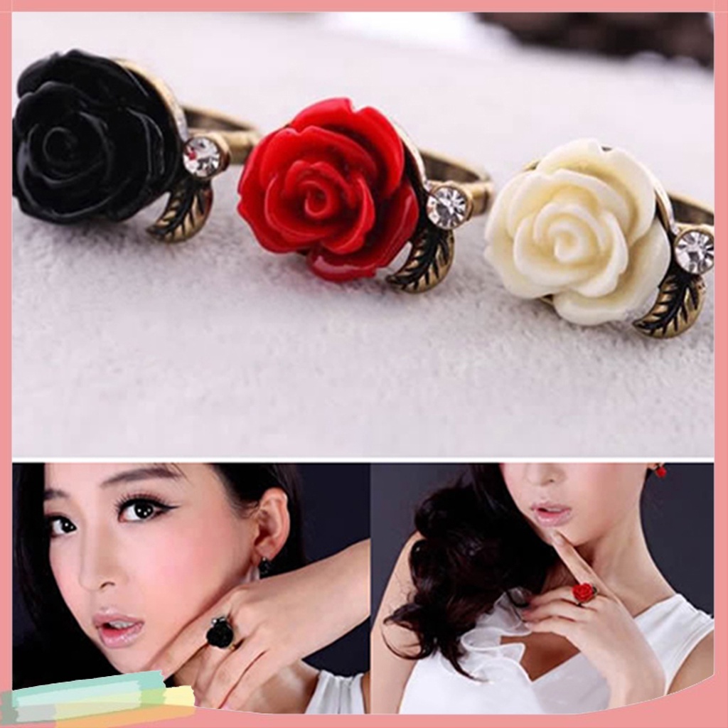 Nhẫn hợp kim mạ bạc trang trí hoa hồng đính đá xinh xắn cho nữ
