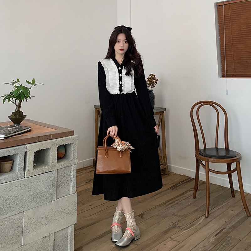 Đầm SUXI màu đen dáng chữ A ôm eo kiểu vintage thời trang thu đông