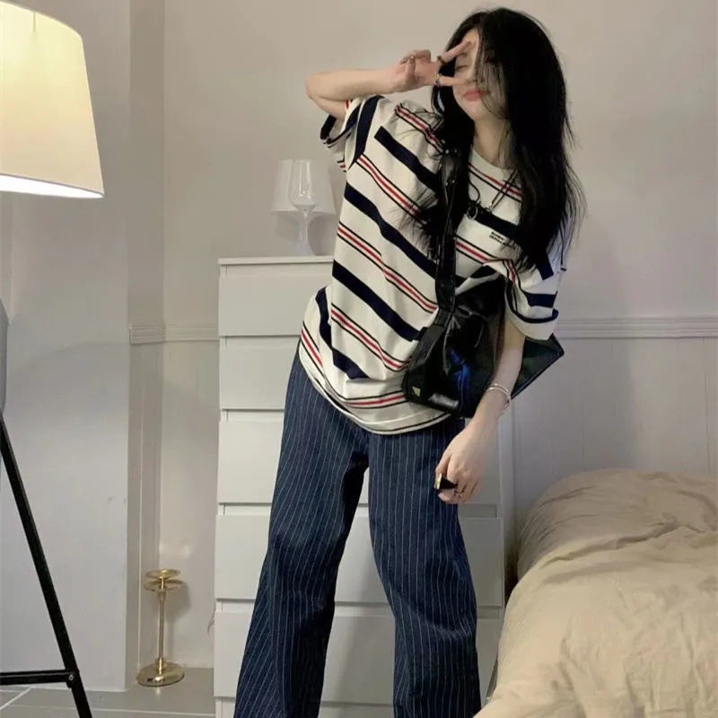 Jiashucheng Áo Thun Tay Ngắn Cổ Tròn Họa Tiết Kẻ Sọc Phong Cách Hong Kong Thời Trang Cho Nữ